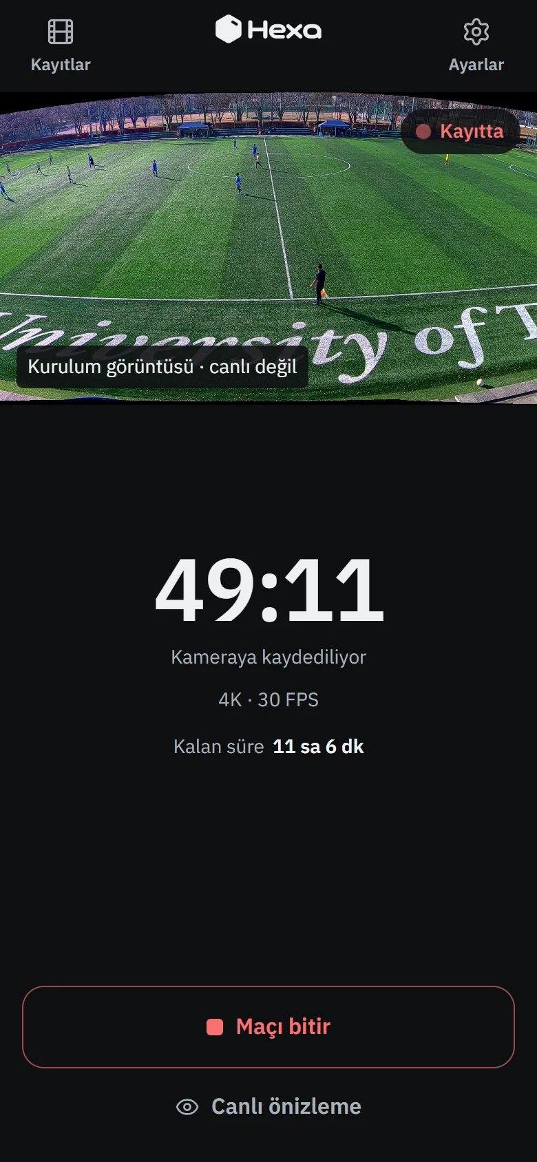 Hexa uygulaması: kayıt sürüyor ekranı
