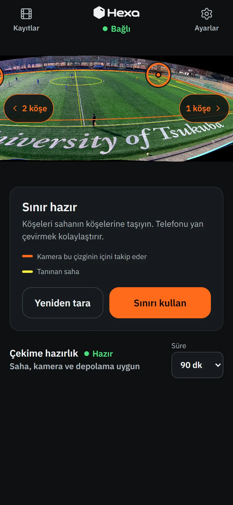 Hexa uygulaması: sahayı tanıtma ekranı, dört köşe onayı